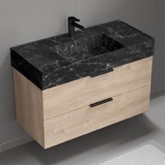 Floating Bathroom Vanity, Modern, 40 inch, Black Marble Style Sink
